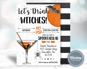 Op de afbeelding: Halloween-uitnodiging met een zwarte vleermuis die over een oranje maan vliegt. De tekst luidt "Let's Drink Witches!" met de datum en tijd van het feest. De uitnodiging bevat ook een martini-glas met een olijf en een spin.