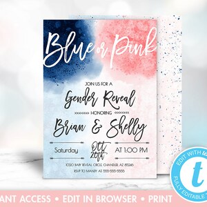 Gender Reveal Invitation Template, Blue or Pink Gender Reveal, He or She Invite, Watercolor Gender Reveal, Boy or Girl Invitation, Templett