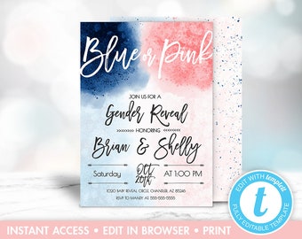 Gender Reveal Invitation Template, Blue or Pink Gender Reveal, He or She Invite, Watercolor Gender Reveal, Boy or Girl Invitation, Templett