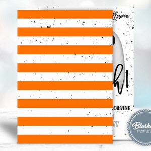 May include: Orange and white striped card with a ghost illustration and the text "Halloween Night" and "Carving Party" with the date "10.27.212". The card has a distressed look with black speckles.