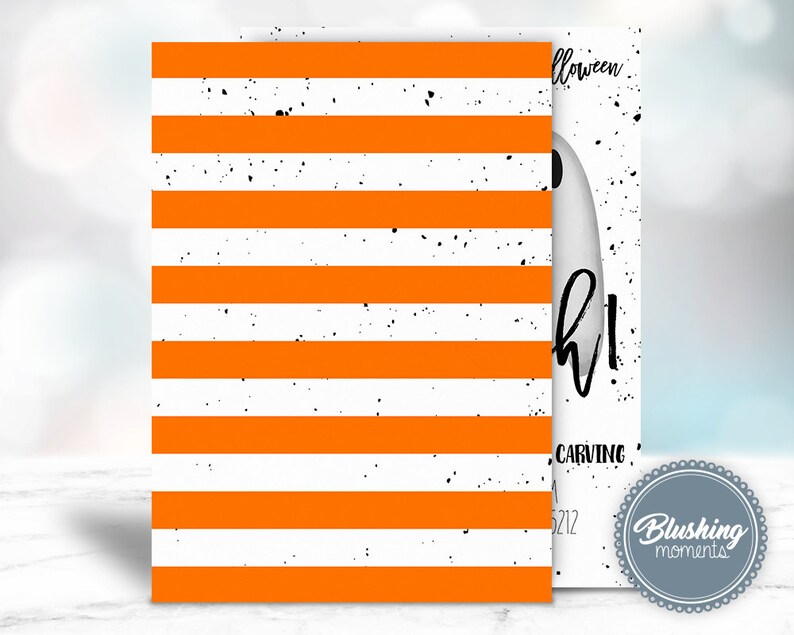 May include: Orange and white striped card with a ghost illustration and the text "Halloween Night" and "Carving Party" with the date "10.27.212". The card has a distressed look with black speckles.