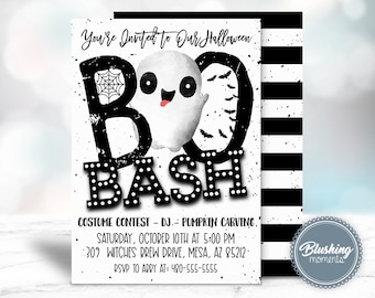 May include: Black and white Halloween party invitation with a ghost and the text "You're Invited to Our Halloween Boo Bash". The invitation includes details about a costume contest, DJ, pumpkin carving, date, time, and location. RSVP information is also included.