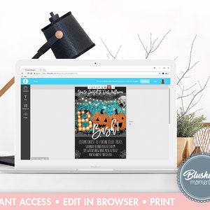 Puede incluir: Plantilla de invitaci&oacute;n de fiesta de Halloween editable con fondo azul verdoso y negro. El texto dice "You're Invited to Our Halloween Bash!" con un gr&aacute;fico de dos calabazas con luces alrededor. La invitaci&oacute;n incluye detalles sobre la fiesta, incluyendo la fecha, la hora y la ubicaci&oacute;n.