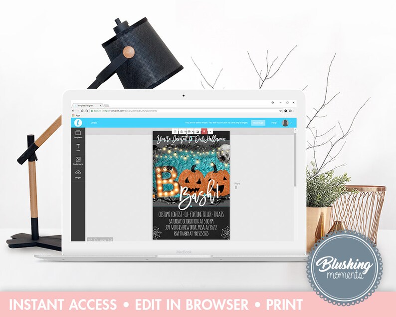 Puede incluir: Plantilla de invitaci&oacute;n de fiesta de Halloween editable con fondo azul verdoso y negro. El texto dice "You're Invited to Our Halloween Bash!" con un gr&aacute;fico de dos calabazas con luces alrededor. La invitaci&oacute;n incluye detalles sobre la fiesta, incluyendo la fecha, la hora y la ubicaci&oacute;n.