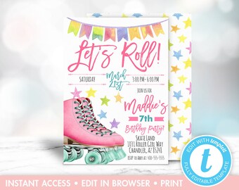 Roller Skating Birthday Invitation, Roller Skating Invitation, Let's Roll Invite, Printable, Editable, Instant Download, Templett