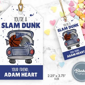 Basketball Valentine&#39;s Day Tags, Printable Valentine, Classroom School Teacher, You&#39;re a SLAM DUNK Party Favor, Editable Instant Download