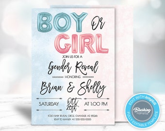 EDITABLE Gender Reveal Invitation, Boy or Girl Invite, He or She, Gender Reveal Party, Instant Download, Printable, Blushing Moments