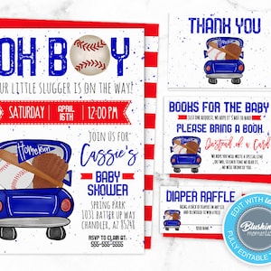 Baseball Baby Shower Invitation Set, Little Slugger, Oh BOY, It&#39;s A Boy Shower Invite, Editable Template, Printable, Instant Download