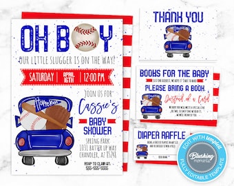 Baseball Baby Shower Invitation Set, Little Slugger, Oh BOY, It's A Boy Shower Invite, Editable Template, Printable, Instant Download