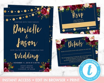 Printable Wedding Invitation Set, Navy and Gold Wedding Invitations, Marsala Floral Wedding Invites, Instant Download, Editable, Templett,