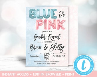 Gender Reveal Invitation Template, Blue or Pink Gender Reveal, He or She Invite, Watercolor Gender Reveal, Boy or Girl Invitation, Templett