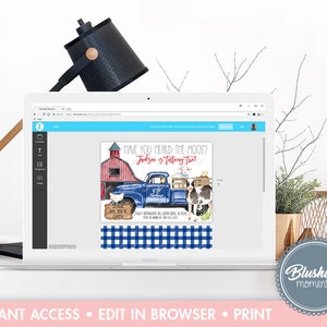 May include: Editable invitation template for a farm-themed party. The design features a blue pickup truck with a cow and a chicken, a red barn, and a blue and white checkered pattern. The text reads "Have you heard the moos? Frelson is turning two!"