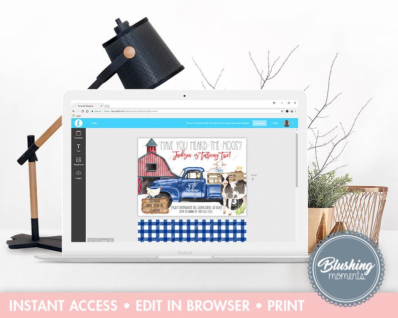 May include: Editable invitation template for a farm-themed party. The design features a blue pickup truck with a cow and a chicken, a red barn, and a blue and white checkered pattern. The text reads "Have you heard the moos? Frelson is turning two!"