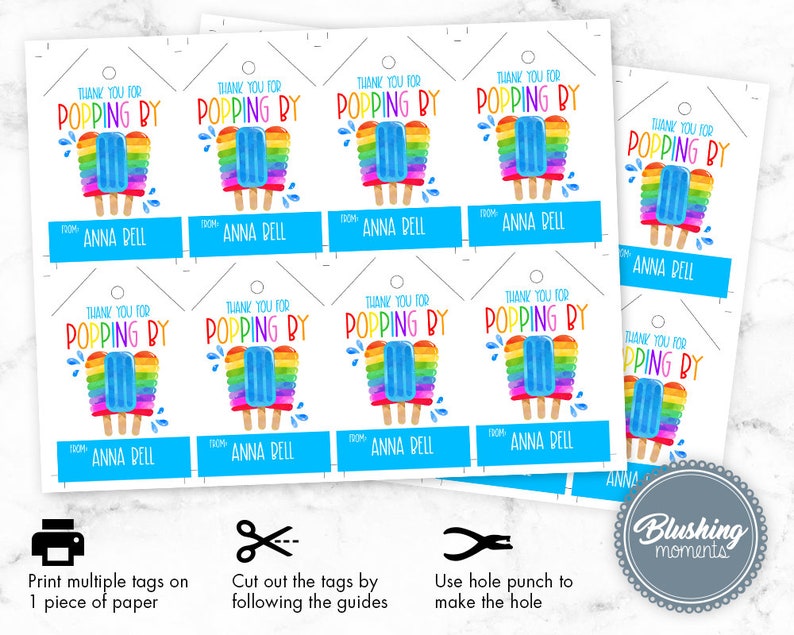 May include: White printable tags with colorful popsicle illustrations and the text "Thank You For Popping By." Each tag has a blue rectangular space for a name. The tags are designed for easy printing and cutting.