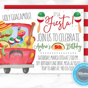 EDITABLE Fiesta Invitation, Fiesta Birthday Party Invite, Mexican Invitation, Cinco De Mayo, Taco Party, Let&#39;s Fiesta, Pintable