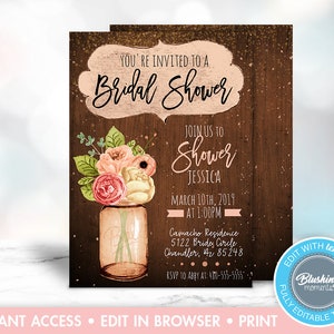 Editable Rustic Bridal Shower Invitation, Mason Jar Invitations, Country Bridal Shower Invite, Wood Invitation, Printable, Instant Download