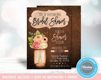 Editable Rustic Bridal Shower Invitation, Mason Jar Invitations, Country Bridal Shower Invite, Wood Invitation, Printable, Instant Download