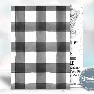 May include: Black and white buffalo plaid pattern with text that reads "[Date] at 11 PM [Name] [Address] [Phone Number] Blushing Moments"