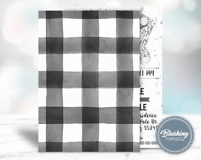 May include: Black and white buffalo plaid pattern with text that reads "[Date] at 11 PM [Name] [Address] [Phone Number] Blushing Moments"