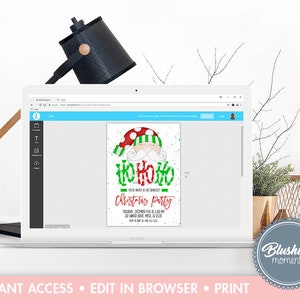 May include: Editable Christmas party invitation template featuring a cartoon Santa Claus illustration. The text reads "Ho Ho Ho You're Invited to the Christmas Party".