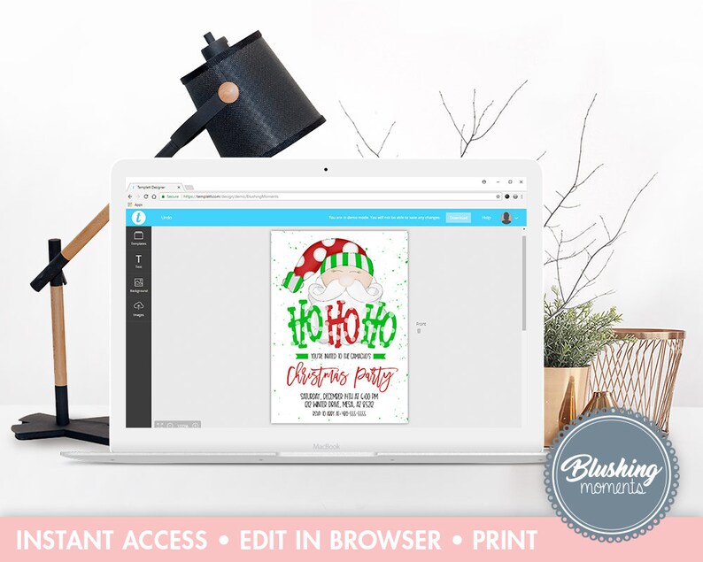 May include: Editable Christmas party invitation template featuring a cartoon Santa Claus illustration. The text reads "Ho Ho Ho You're Invited to the Christmas Party".