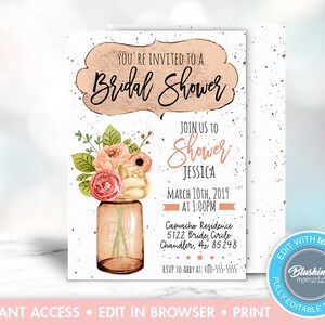 Editable Rustic Bridal Shower Invitation, Mason Jar Invitations, Country Bridal Shower Invite, Printable, Instant Download
