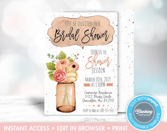 Editable Rustic Bridal Shower Invitation, Mason Jar Invitations, Country Bridal Shower Invite, Printable, Instant Download