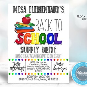 EDITABLE School Flyer, School Supply Drive Flyer, PTO Back to School Fundraiser Template, Printable School Invitation, Instant Download
