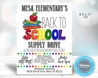 EDITABLE School Flyer, School Supply Drive Flyer, PTO Back to School Fundraiser Template, Printable School Invitation, Instant Download