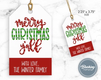 May include: Red and green Christmas gift tag with the text "merry christmas y'all" and "with love, the winter family". The tag is 2.25 inches by 3.75 inches.