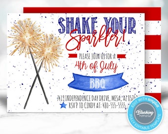 May include: A 4th of July party invitation with a red, white and blue colour scheme. The invitation features a watercolour illustration of sparklers and the text "Shake Your Sparkler!" with a blue ribbon banner that says "BBQ".
