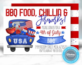 May include: A 4th of July party invitation featuring a blue pickup truck decorated with American flags, fireworks, and BBQ food. The text reads "BBQ Food, Chillin & Fireworks! Please join us for a 4th of July BBQ. 7419 Freedom Street, Mesa, AZ 85212. RSVP to Laura at 480-555-5555."