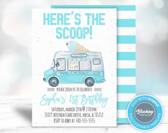 BEWERKBARE Ice Cream Truck uitnodiging, ijs verjaardagsfeestje nodigt uit, hier is de primeur, ijs sociaal, afdrukbaar, Instant Download
