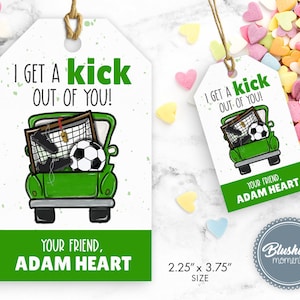 Soccer Valentine&#39;s Day Tags, Printable Valentine, Classroom School Teacher, I Get a KICK Out of You Party Favor, Editable Instant Download