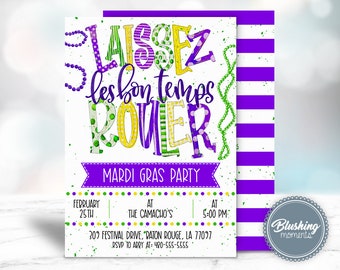 May include: A Mardi Gras party invitation with a purple, green, and gold color scheme. The invitation features the text "Laissez les bon temps rouler" and details for the party, including the date, time, and location. The invitation is decorated with beads and polka dots.