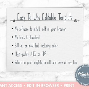 Puede incluir: Una tarjeta blanca con el texto "Easy To Use Editable Template" y vi&ntilde;etas que detallan caracter&iacute;sticas como la no instalaci&oacute;n de software y opciones JPEG o PDF de alta calidad. La tarjeta tambi&eacute;n incluye el texto "INSTANT ACCESS &bull; EDIT IN BROWSER &bull; PRINT" y un logotipo circular.