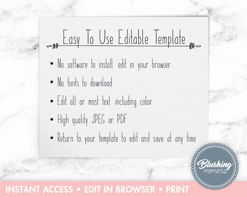 Puede incluir: Una tarjeta blanca con el texto "Easy To Use Editable Template" y vi&ntilde;etas que detallan caracter&iacute;sticas como la no instalaci&oacute;n de software y opciones JPEG o PDF de alta calidad. La tarjeta tambi&eacute;n incluye el texto "INSTANT ACCESS &bull; EDIT IN BROWSER &bull; PRINT" y un logotipo circular.