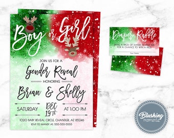 May include: A Christmas-themed gender reveal invitation with a red and green watercolour background. The invitation says "Boy or Girl" with a reindeer on each side. The text also includes the date, time, and location of the event. The invitation also includes a diaper raffle card with a red and green watercolour background.