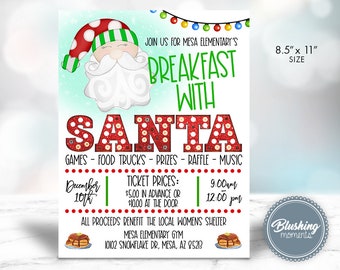 May include: A red and white polka dot poster with a cartoon Santa Claus illustration. The poster advertises a "Breakfast with Santa" event at Mesa Elementary on December 10th. The event includes games, food trucks, prizes, a raffle, and music. The poster also includes ticket prices and the location of the event.