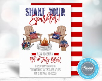 May include: A 4th of July BBQ invitation with a red, white and blue colour scheme. The invitation features a fire pit with two Adirondack chairs, a watering can and a basket of American flags. The text reads "Shake Your Sparkler!" and "#4th of July BBQ".