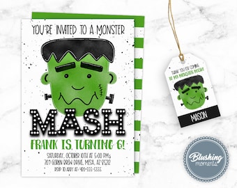 EDITABLE Monster Mash Halloween Birthday Invitation Set, Halloween Party Invitation for Kids, Frankenstein, Costume Party, Instant Download