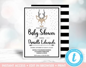 Woodland Baby Shower Invitation, Deer Baby Shower Invitation, Forest Animals Baby Shower Invitation, Gender Neutral, Instant Download, Boy