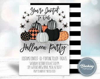 May include: Halloween party invitation with a gray background and a group of pumpkins in black, white, orange, and black and white checkered patterns. The text reads "You're Invited to Our Halloween Party" with details about the party below.