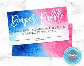 Gender Reveal Diaper Raffle Card, Blue or Pink, He or She, Boy or Girl, Gender Reveal Invitation, Printable, Editable, Instant Download