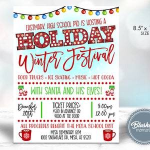 May include: A red and white printable flyer for a Holiday Winter Festival hosted by Eastmark High School PTO. The flyer features a red and white banner with the words "Holiday Winter Festival" and includes details about the event, such as the date, time, location, and ticket prices. The flyer also includes a festive design with lights, snowflakes, and a Santa Claus figure.