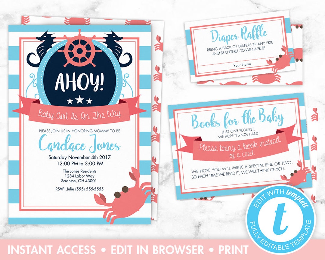 Nautical Baby Shower Invitation Printable Set for Girl, Baby Shower ...