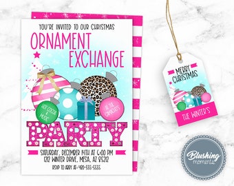 May include: Pink and blue Christmas ornament exchange party invitation with a white background. The invitation features a festive design with ornaments, a gift box, and the text "You're invited to our Christmas Ornament Exchange Party". The invitation also includes the date, time, and location of the party.