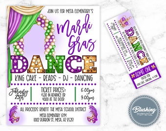 Pode incluir: Um convite para um baile de Mardi Gras em roxo, verde e dourado com um bilhete para o evento. O convite apresenta um arco de balões e o texto "Mardi Gras Dance" com um bolo de rei, contas, DJ e dança. O bilhete diz "Admit One" e tem o texto "Enter for King Cake, Dancing, & Fun".