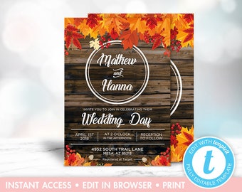 Rustic Fall Wedding Invitation, Fall Leaves, Country Wedding, Rustic Wedding Template, Instant Download, Templett, DIY Wedding Invitation