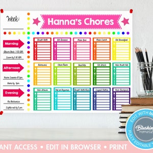 Puede incluir: Un cuadro de tareas imprimibles para ni&ntilde;os con un esquema de colores arco&iacute;ris. El cuadro se titula "Las tareas de Hanna" e incluye secciones para la ma&ntilde;ana, la tarde y la noche. Cada secci&oacute;n tiene una lista de tareas con casillas de verificaci&oacute;n para cada d&iacute;a de la semana.